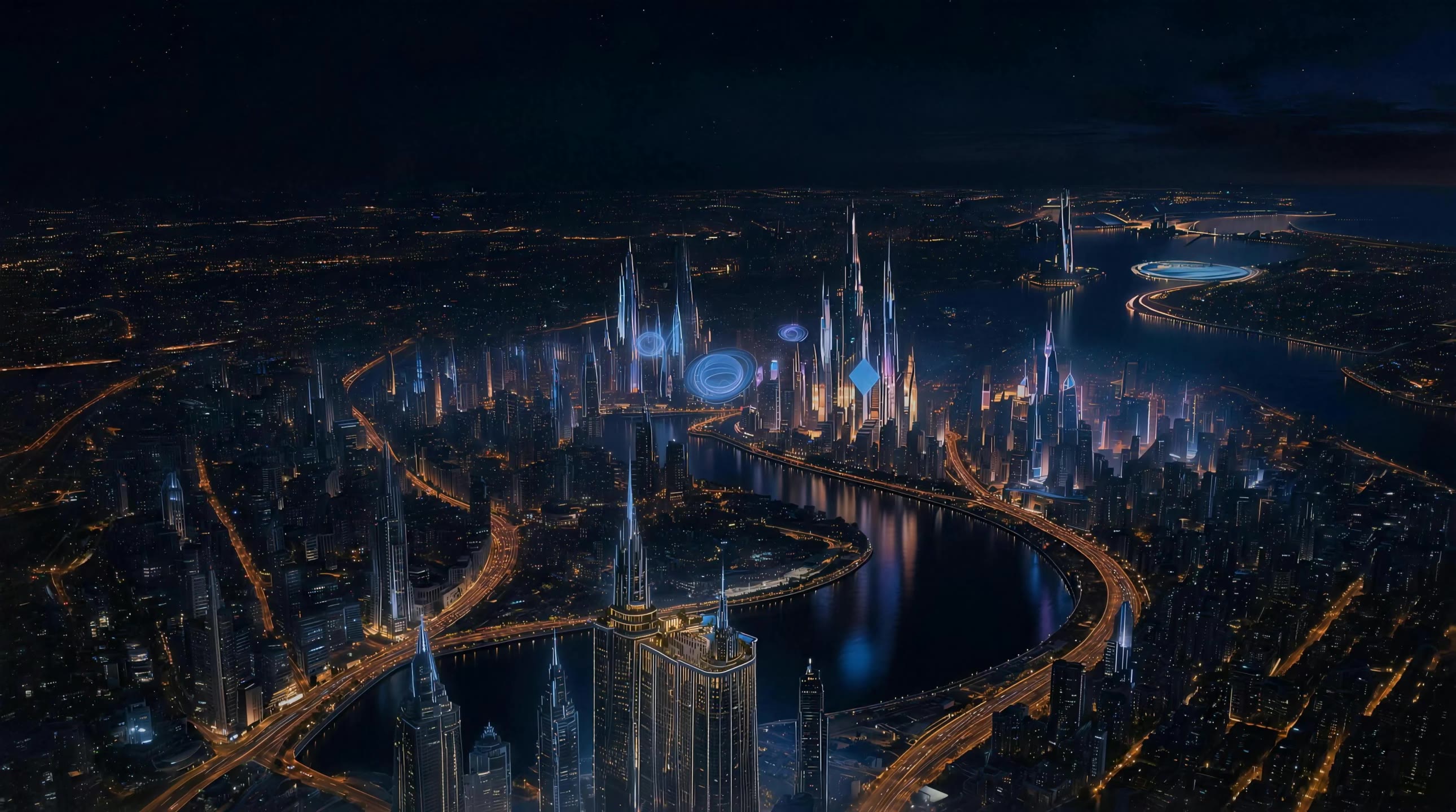 The city from above, at midnight.