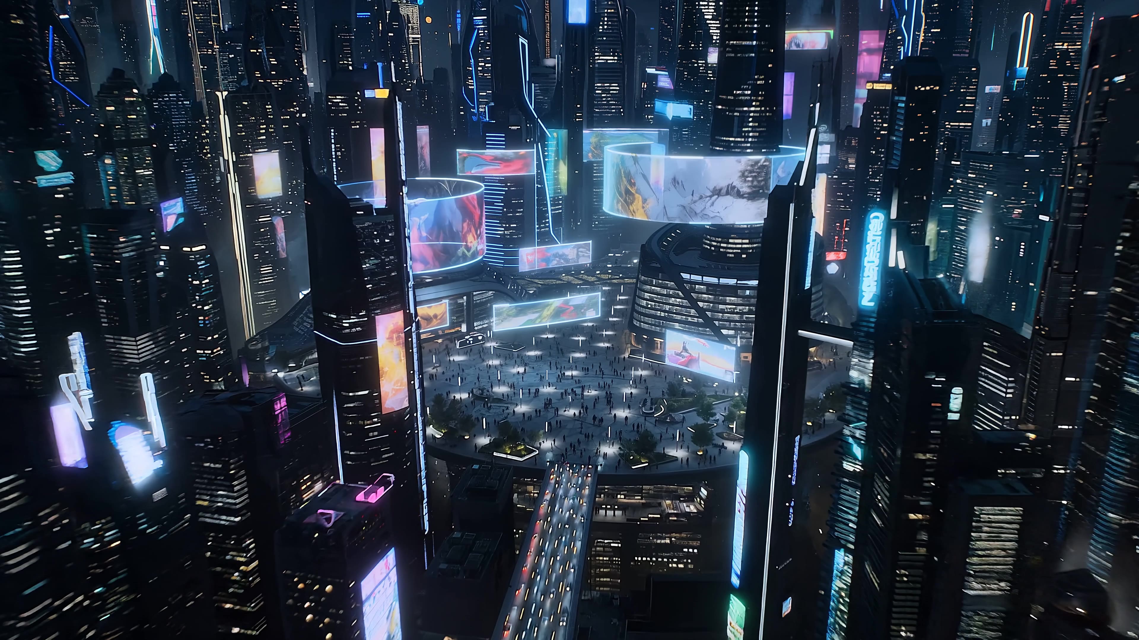 The plaza, crowded, seen from above as the camera cranes down.