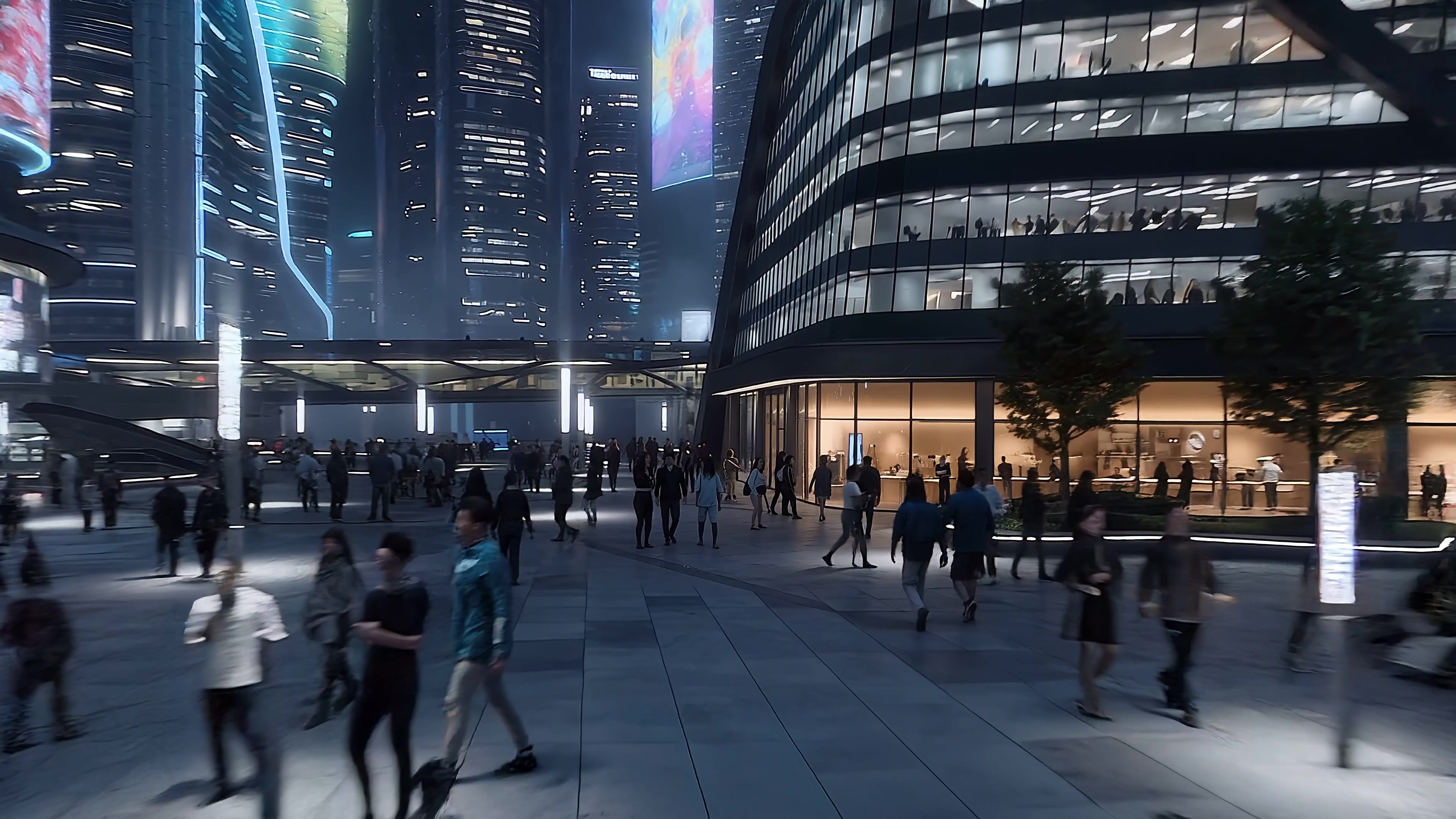 The boulevard: dancers, a segway, a robot in the night street.