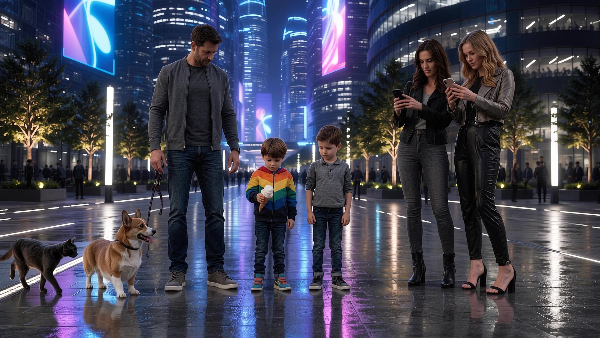 A family on the boulevard; a boy with an ice cream, a cat walking in.