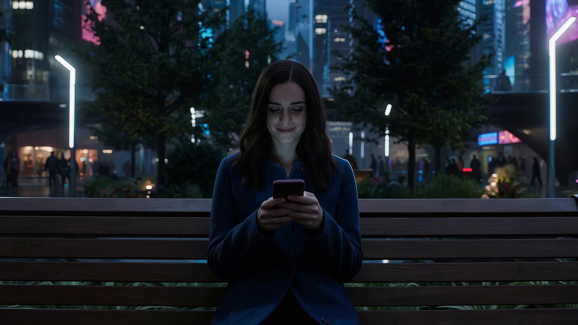 A woman on a bench, watching her phone.