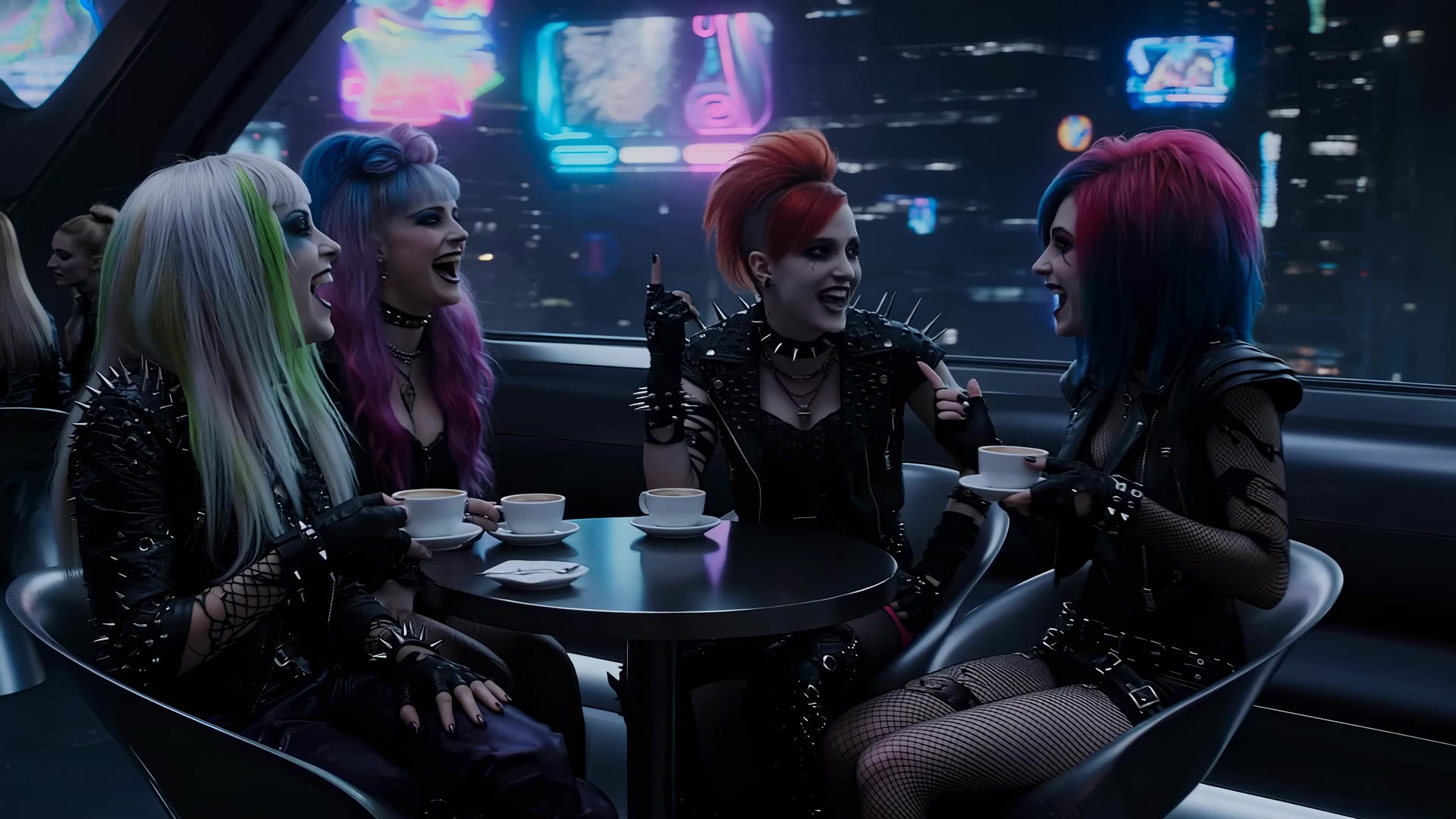 Four friends laughing at a café table, the city screens behind them.
