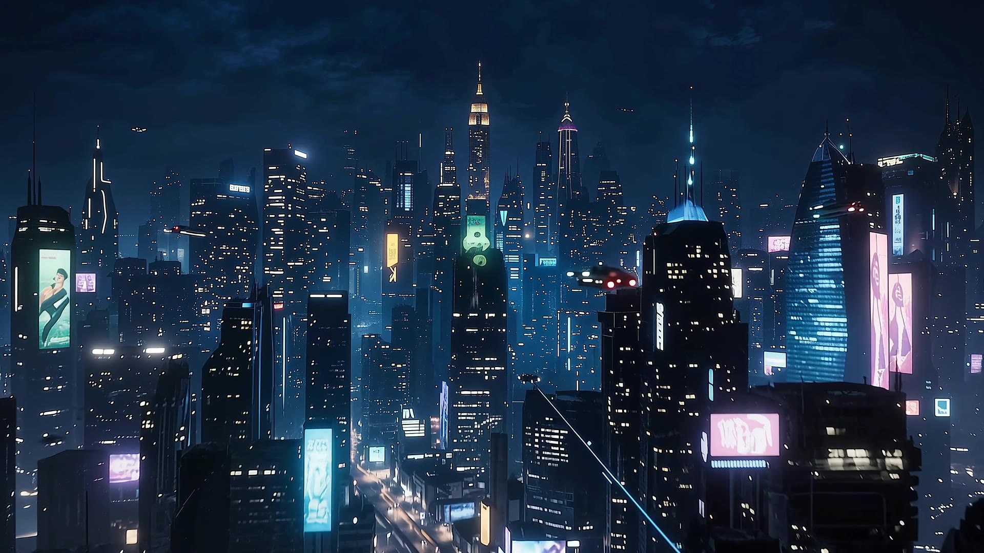 The city from above, every screen alive.