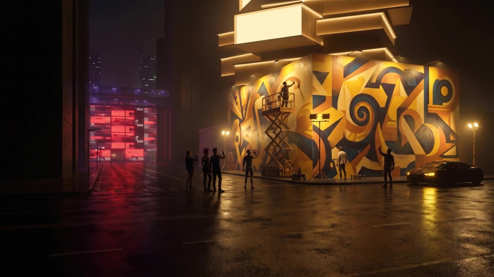 The design wall under yellow work-lights.