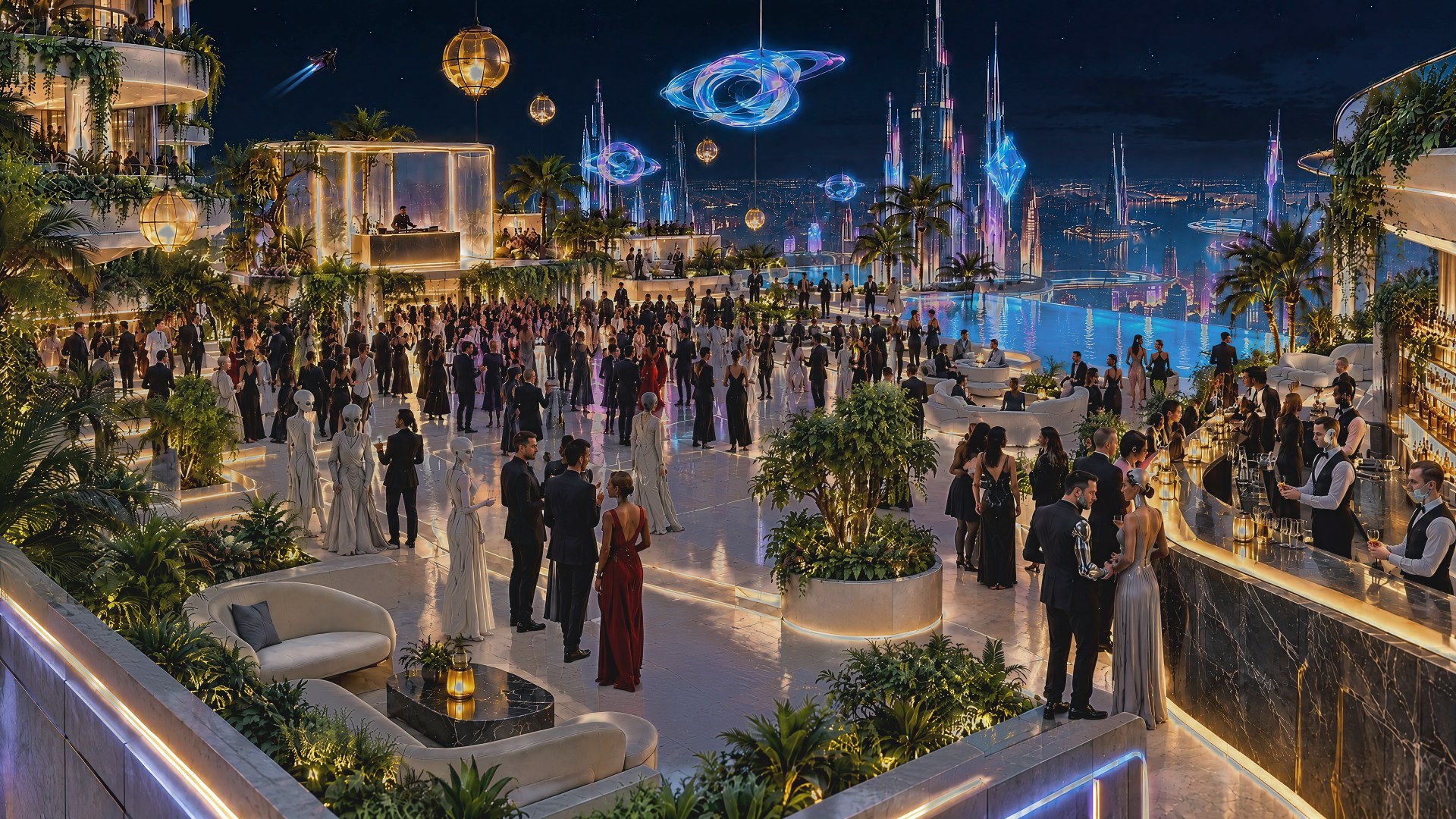 The rooftop party above the city at midnight.